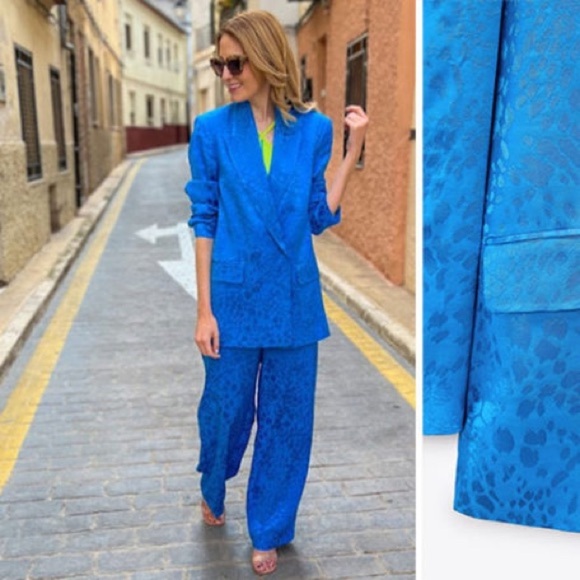 ZARA PANT SUIT - TURQUOISE JACQUARD BLAZER SIZE S & WIDE LEG JACQUARD PANTS SZ M - Picture 4 of 14